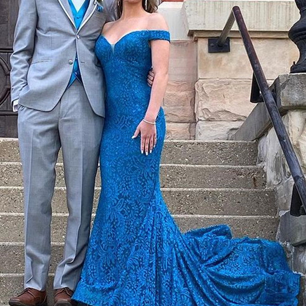 
                      
                        Off Shoulder Mermaid Blue Lace Long Prom Dresses, Mermaid Blue Formal Dresses, Blue Lace Evening Dresses 
                      
                    