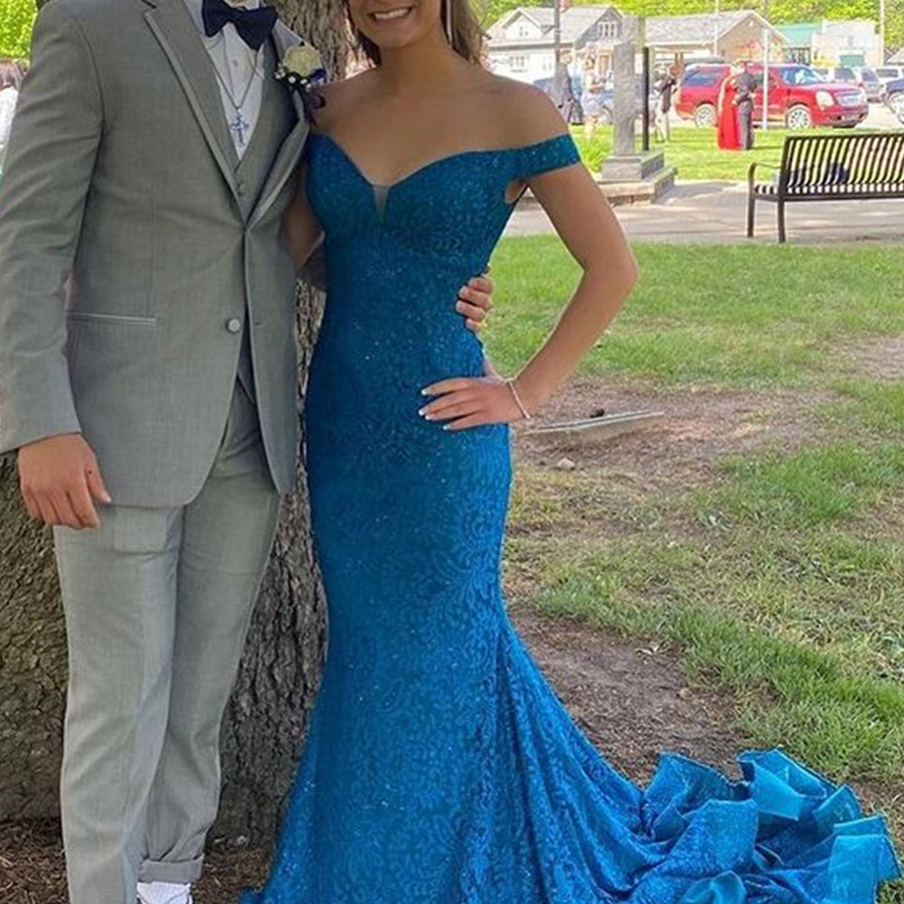 
                      
                        Off Shoulder Mermaid Blue Lace Long Prom Dresses, Mermaid Blue Formal Dresses, Blue Lace Evening Dresses 
                      
                    