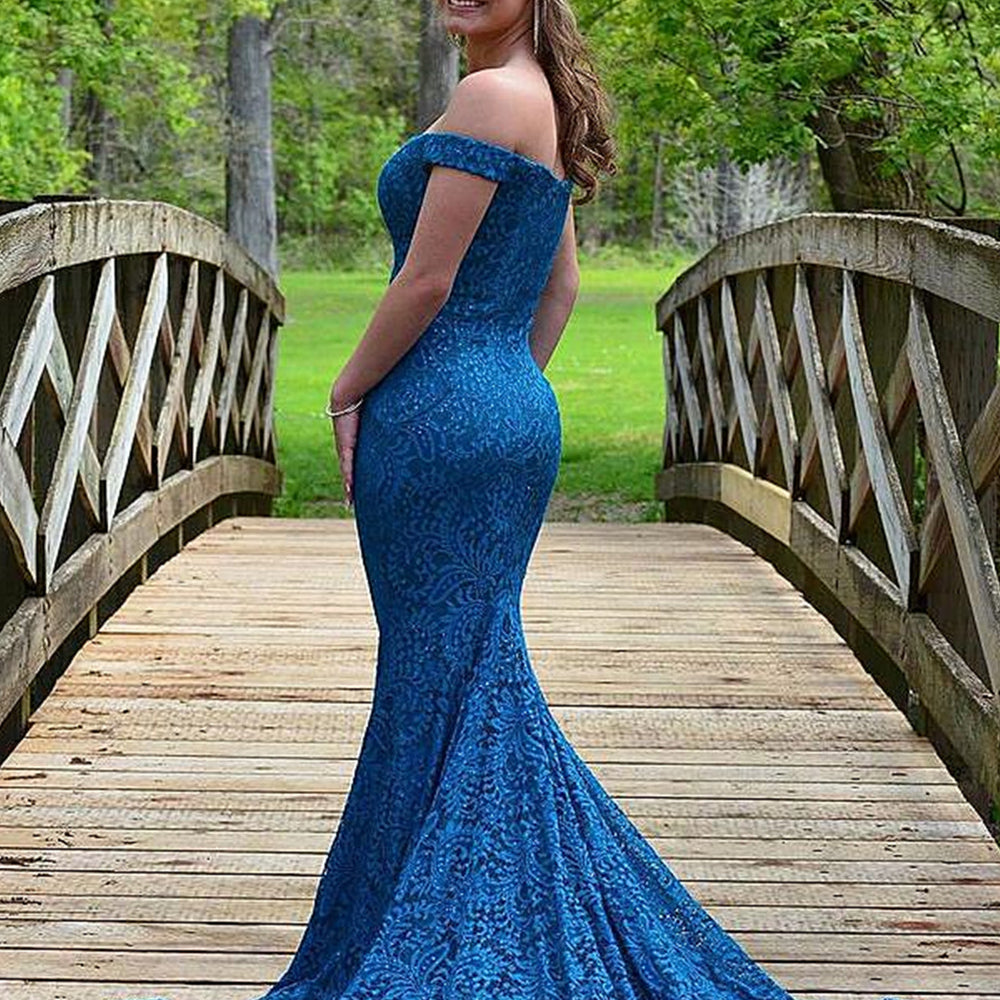 Off Shoulder Mermaid Blue Lace Long Prom Dresses, Mermaid Blue Formal Dresses, Blue Lace Evening Dresses 