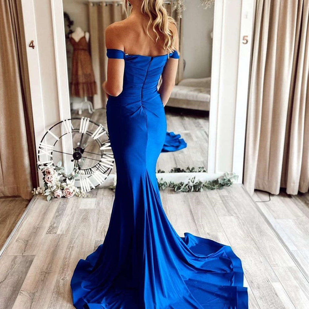 
                      
                        Off Shoulder Mermaid Blue Long Prom Dresses, Mermaid Blue Formal Dresses, Blue Evening Dresses 
                      
                    