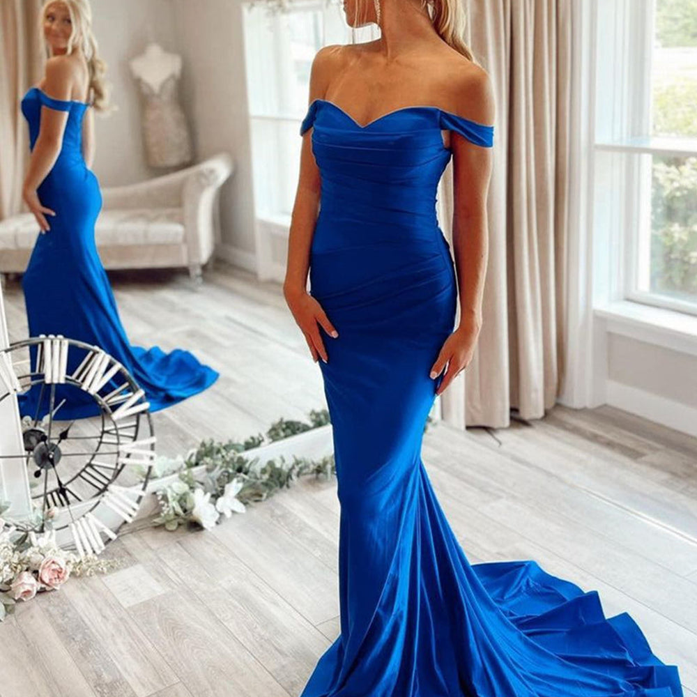 Off Shoulder Mermaid Blue Long Prom Dresses, Mermaid Blue Formal Dresses, Blue Evening Dresses 