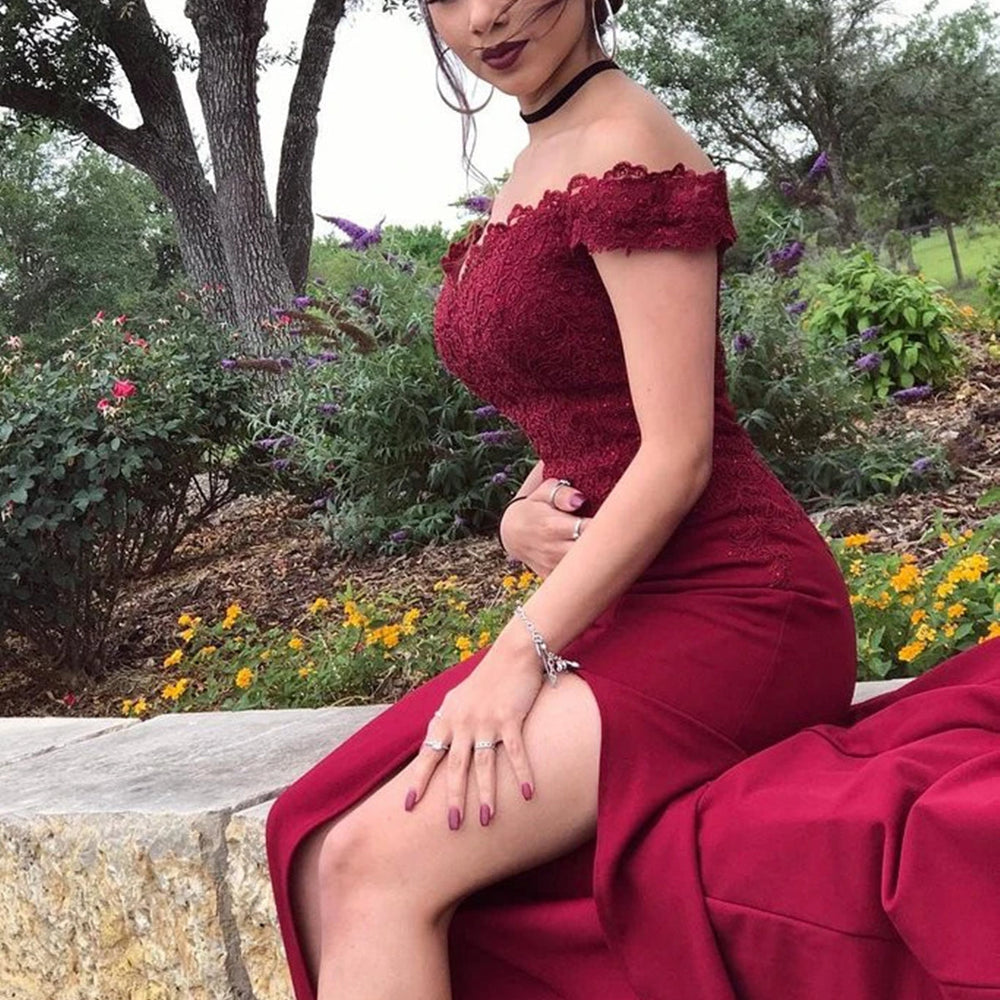 
                      
                        Off Shoulder Mermaid Burgundy Lace Long Prom Dresses with High Slit, Mermaid Burgundy Formal Dresses, Burgundy Lace Evening Dresses 
                      
                    