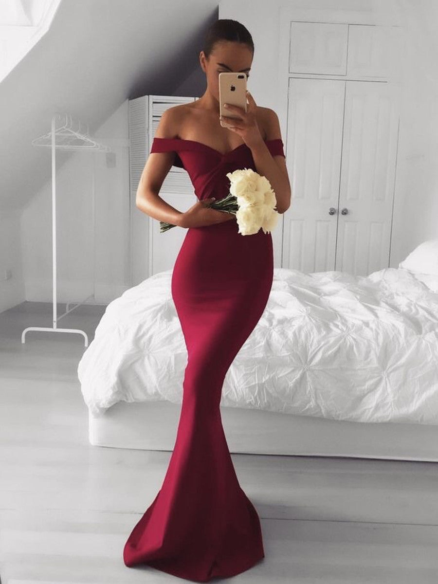 Off Shoulder Mermaid Burgundy Long Prom Dresses, Burgundy Bridesmaid Dresses, Mermaid Formal Dresses