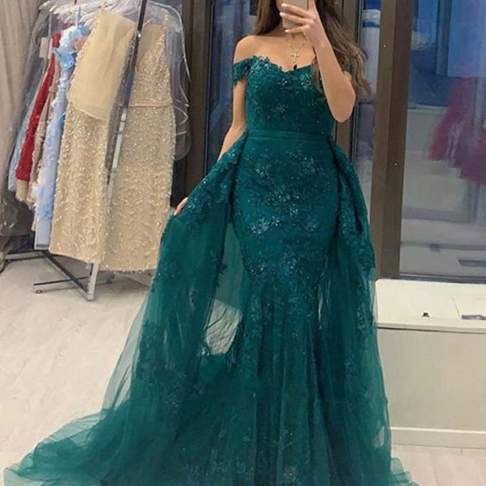 Off Shoulder Mermaid Green Lace Long Prom Dresses, Mermaid Green Lace Formal Dresses, Green Lace Evening Dresses 