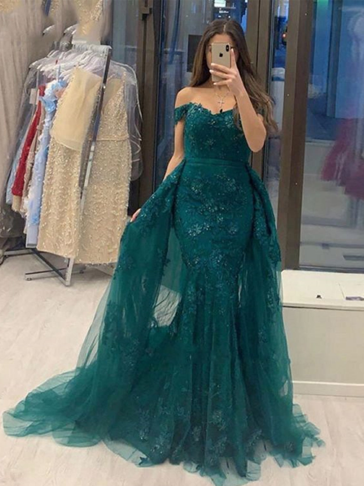 Off Shoulder Mermaid Green Lace Long Prom Dresses, Mermaid Green Lace Formal Dresses, Green Lace Evening Dresses 