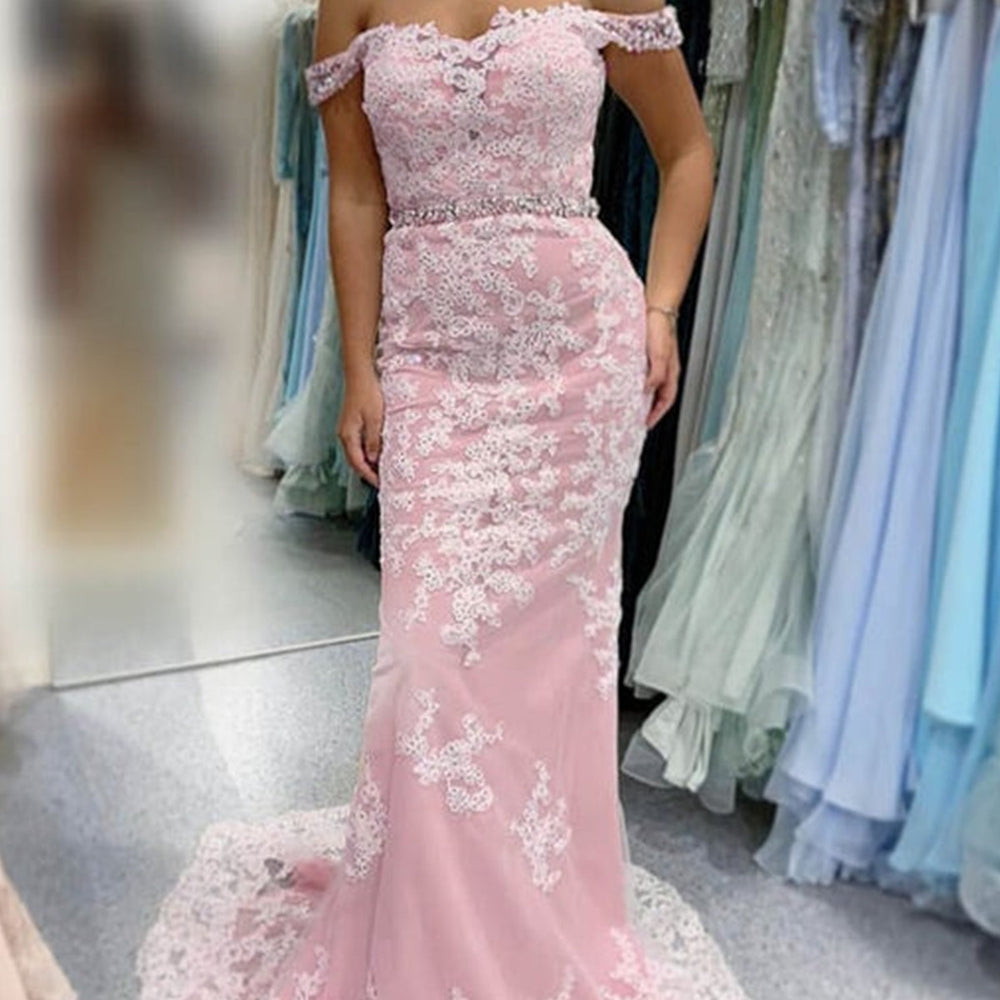 
                      
                        Off Shoulder Mermaid Pink Lace Long Prom Dresses, Mermaid Pink Formal Evening Dresses, Pink Lace Bridesmaid Dresses 
                      
                    