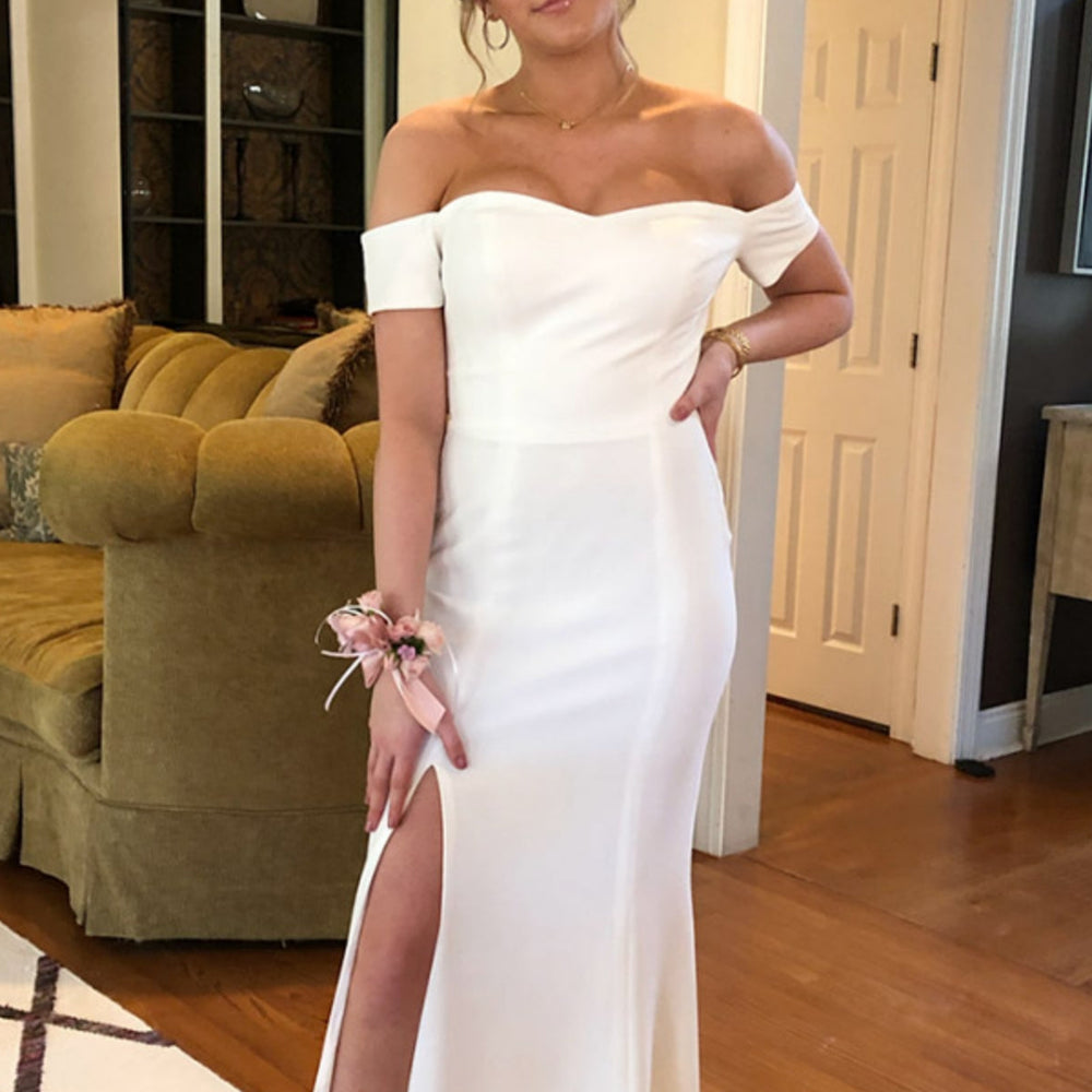 
                      
                        Off Shoulder Mermaid White Long Prom Dresses with High Slit, Mermaid White Formal Dresses, White Evening Dresses 
                      
                    