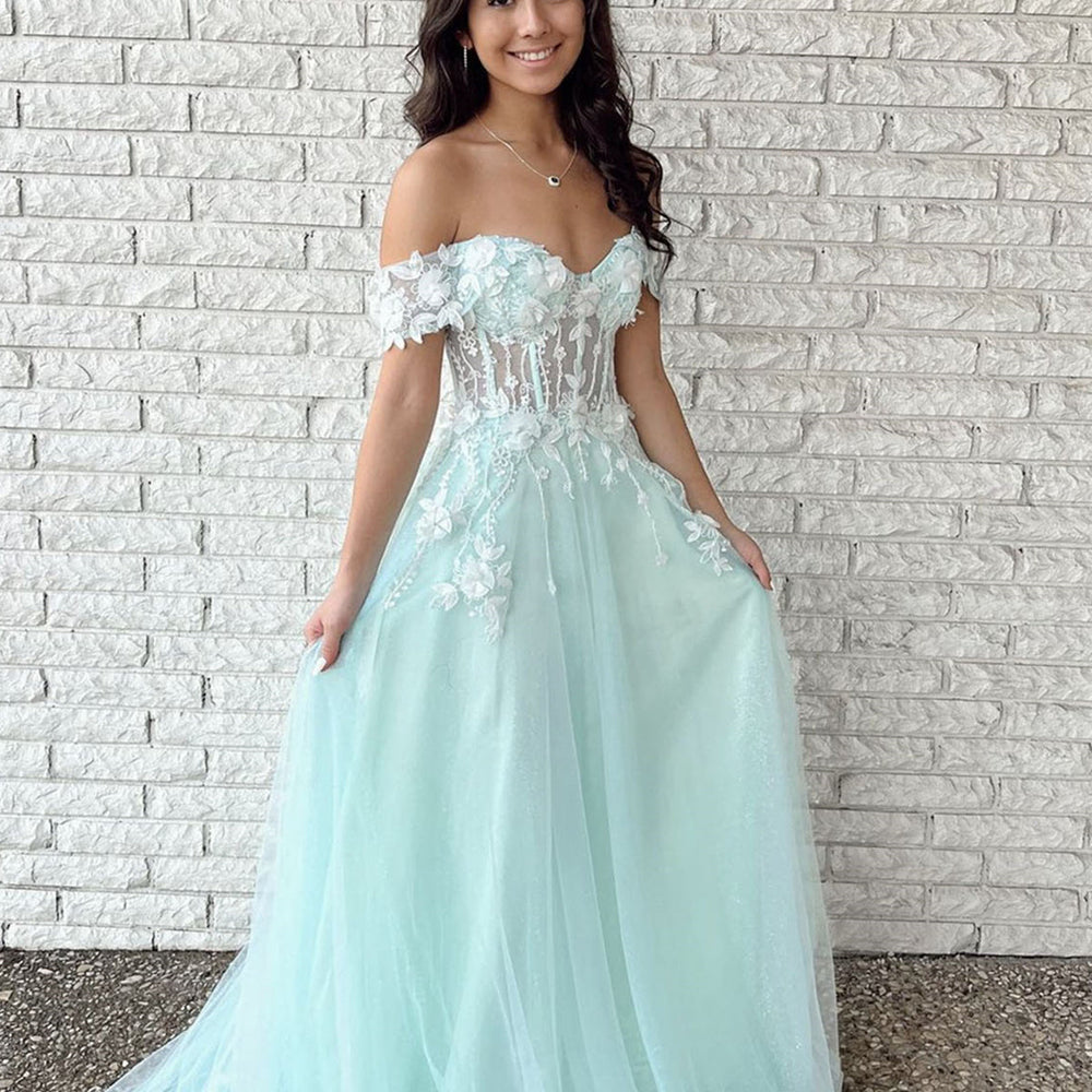 Off Shoulder Mint Green Tulle Lace Floral Long Prom Dresses, Mint Green Formal Graduation Evening Dresses with Appliques 