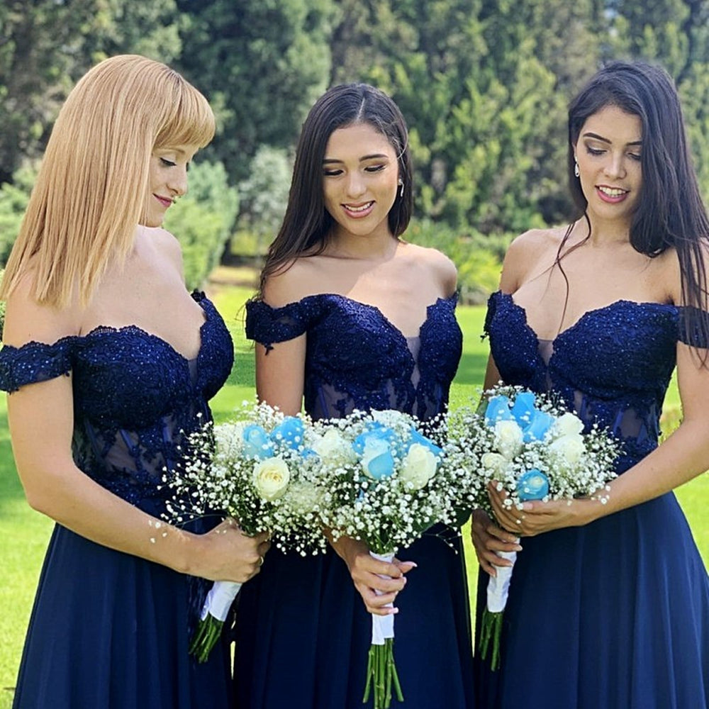 
                      
                        Off Shoulder Navy Blue Lace Beaded Prom Dresses, Navy Blue Lace Bridesmaid Dresses, Long Navy Blue Formal Graduation Evening Dresses 
                      
                    