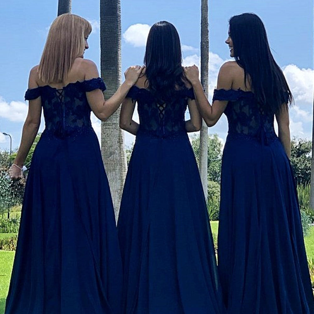 
                      
                        Off Shoulder Navy Blue Lace Beaded Prom Dresses, Navy Blue Lace Bridesmaid Dresses, Long Navy Blue Formal Graduation Evening Dresses 
                      
                    