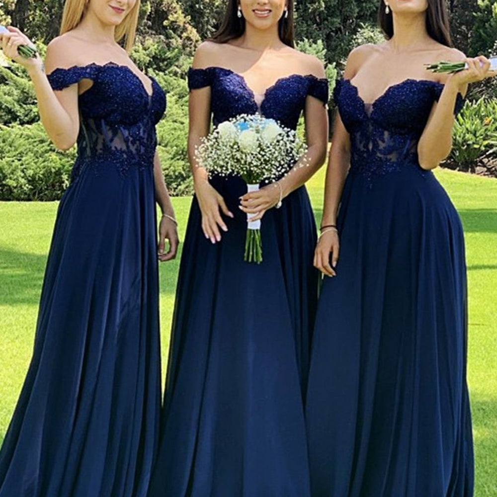 
                      
                        Off Shoulder Navy Blue Lace Beaded Prom Dresses, Navy Blue Lace Bridesmaid Dresses, Long Navy Blue Formal Graduation Evening Dresses 
                      
                    