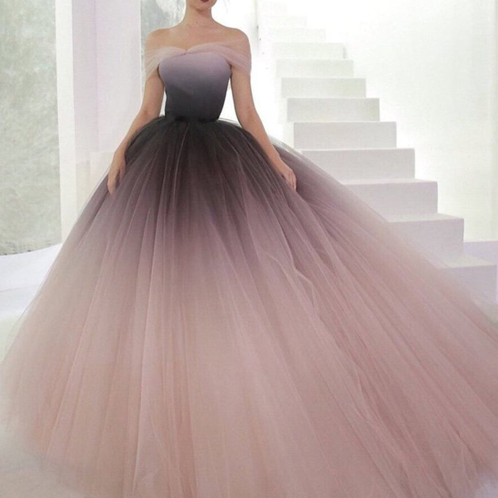 Off Shoulder Ombre Tulle Long Prom Gown, Ombre Tulle Formal Prom Evening Dresses