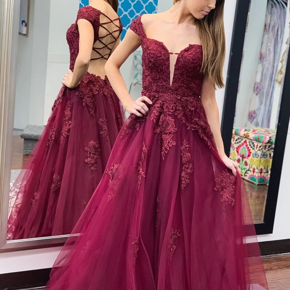 Off Shoulder Open Back Burgundy Lace Prom Dresses 2020, Cap Sleeves Maroon Lace Formal Dresses, Burgundy Lace Evening Dresses