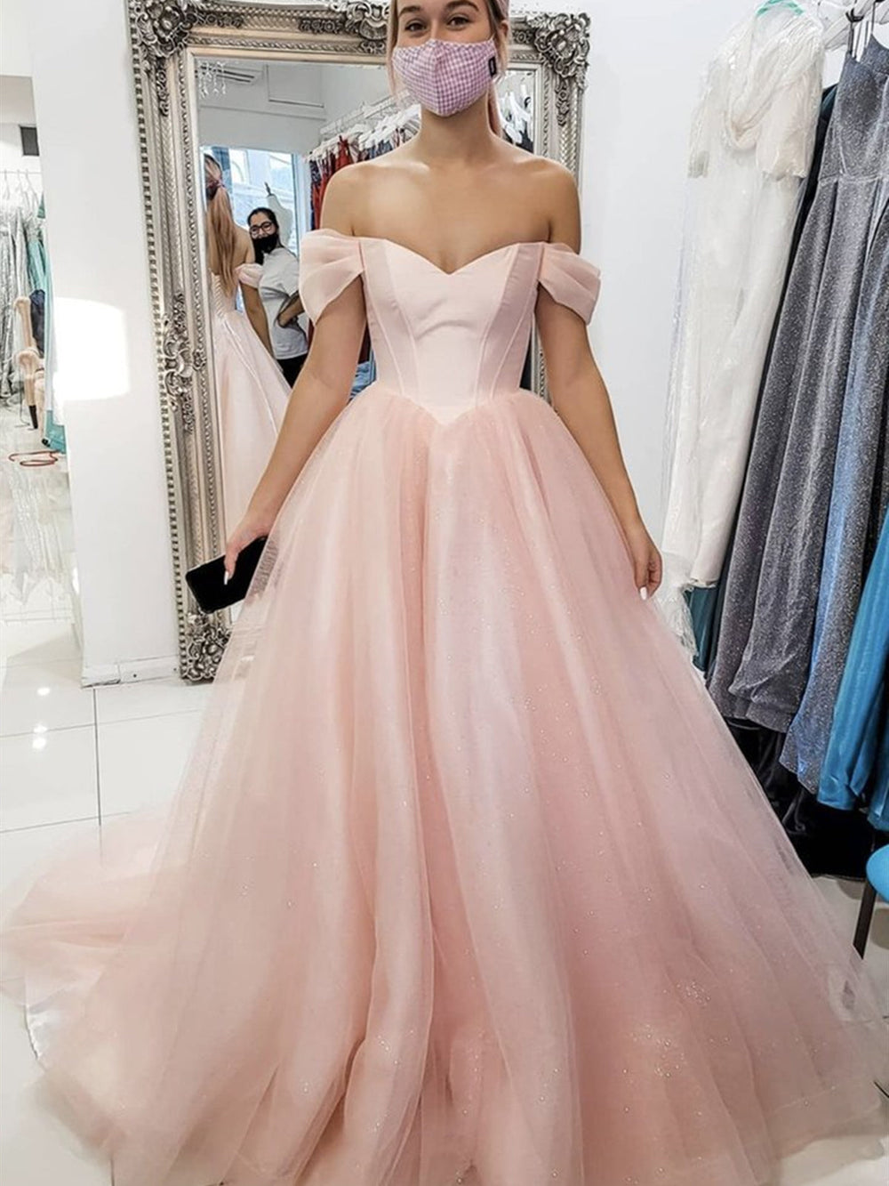 Off Shoulder Open Back Pink Long Prom Dresses, Off the Shoulder Pink Formal Dresses, Pink Evening Dresses