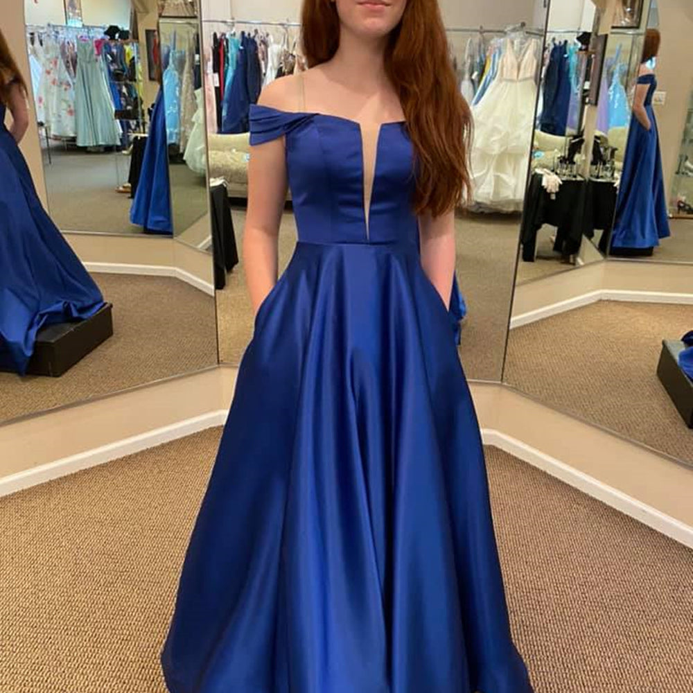 Off Shoulder Royal Blue Satin Long Prom Dresses with Pocket, Long Royal Blue Formal Graduation Evening Dresses 