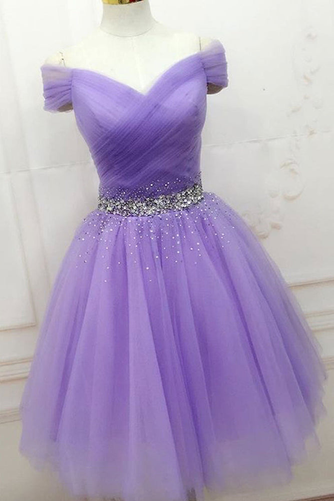 
                      
                        Off Shoulder Short Beaded Purple Prom Dresses, Off Shoulder Purple Formal Graduation Homecoming Dresses
                      
                    