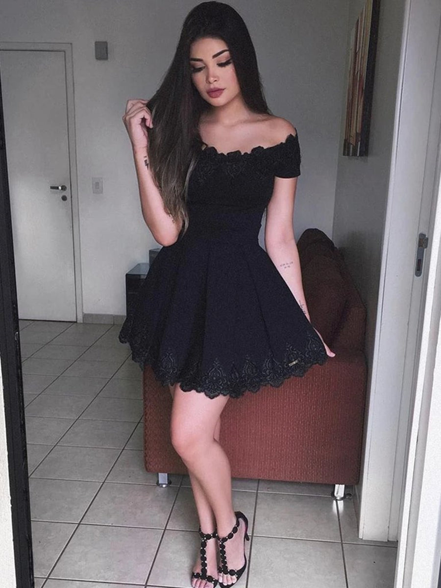 Off Shoulder Short Black Lace Prom Dresses, Off Shoulder Black Lace Formal Graduation Homecoming Dresses