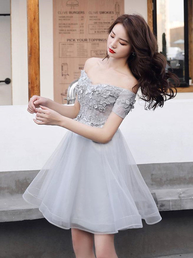 
                      
                        Off Shoulder Short Grey Lace Prom Dresses, Grey Lace Formal Graduation Homecoming Dresses
                      
                    