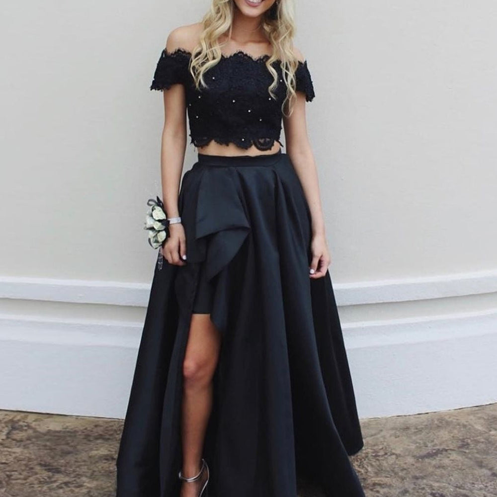 Off Shoulder Two Pieces Lace Top Long Black Prom Dresses with  High-Low Two Pieces Lace Black Formal Dresses, Black Lace Evening Dresses