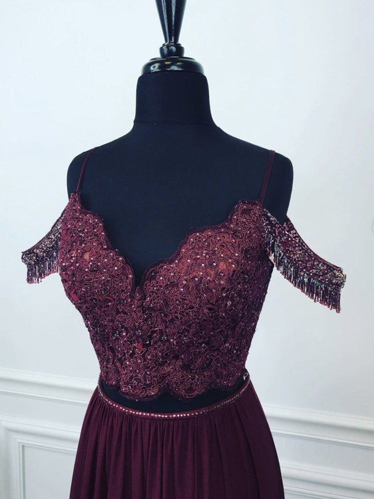 
                      
                        Off Shoulder Two Pieces Purple Lace Beaded Long Prom Dresses, 2 Pieces Purple Lace Formal Graduation Evening Dresses
                      
                    