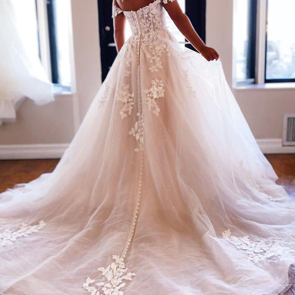 
                      
                        Off Shoulder White Lace Long Prom Dresses with Train, White Lace Wedding Dresses, White Tulle Formal Evening Dresses 
                      
                    