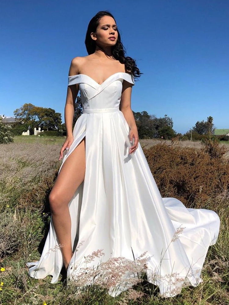 Off Shoulder White Satin Long Prom Dresses with High  Off the Shoulder White Formal Graduation Evening Dresses