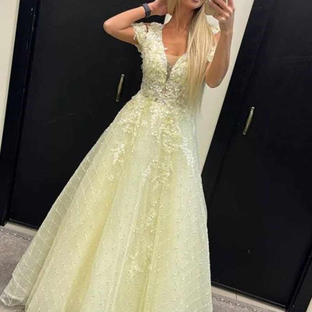 
                      
                        Off Shoulder Yellow Lace Tulle Long Prom Dresses, Yellow Lace Formal Dresses, Yellow Evening Dresses 
                      
                    