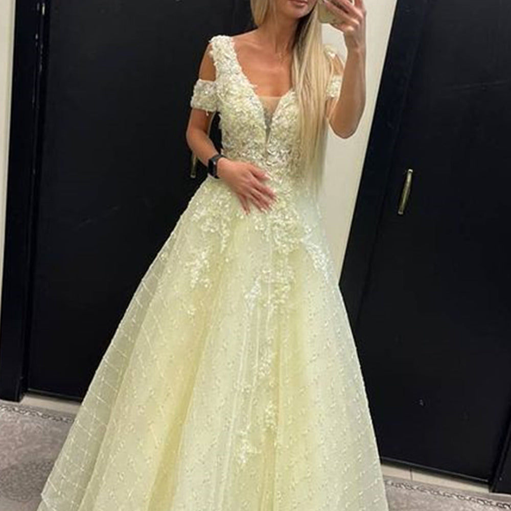 Off Shoulder Yellow Lace Tulle Long Prom Dresses, Yellow Lace Formal Dresses, Yellow Evening Dresses 