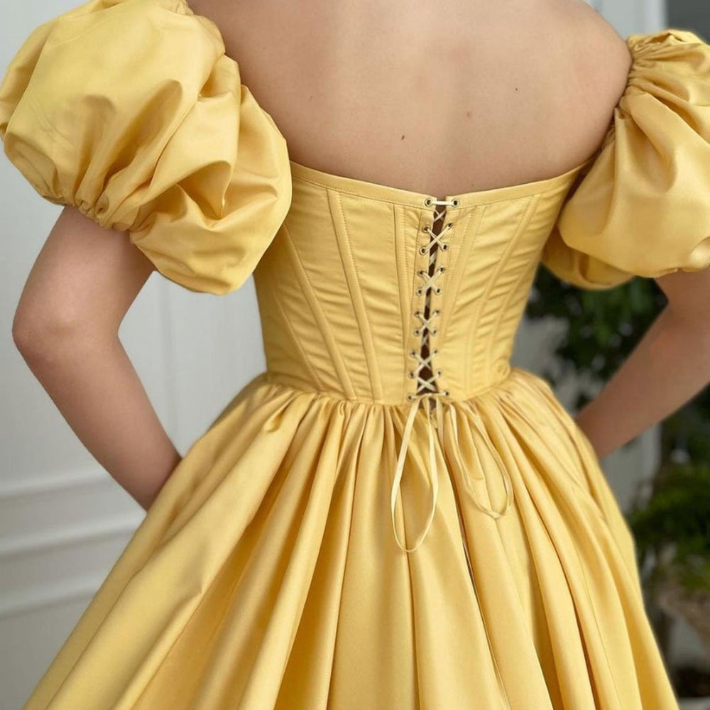 
                      
                        Off Shoulder Yellow Satin Long Prom Dresses with High Slit, Off the Shoulder Yellow Formal Evening Dresses 
                      
                    