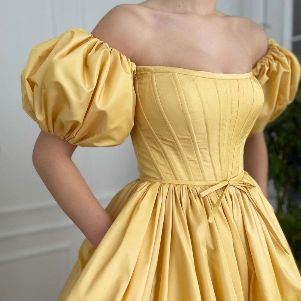 
                      
                        Off Shoulder Yellow Satin Long Prom Dresses with High Slit, Off the Shoulder Yellow Formal Evening Dresses 
                      
                    