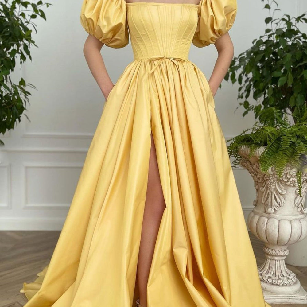 Off Shoulder Yellow Satin Long Prom Dresses with High Slit, Off the Shoulder Yellow Formal Evening Dresses 