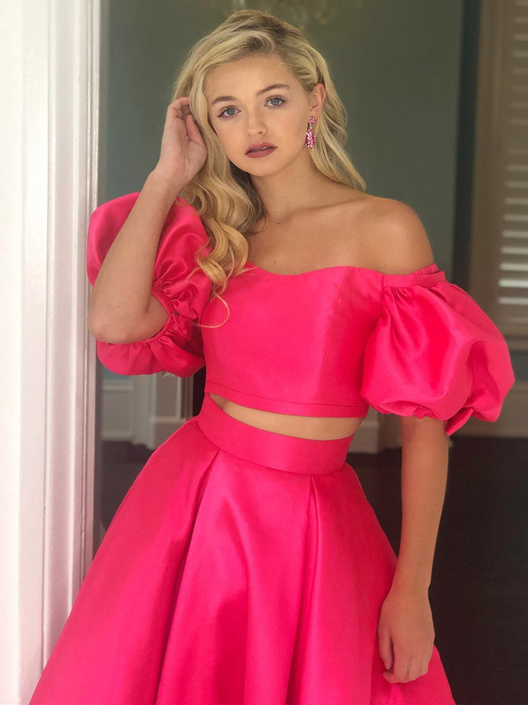 
                      
                        Off the Shoulder 2 Pieces Hot Pink Long Prom Dresses, Off Shoulder Hot Pink Formal Dresses, Hot Pink Evening Dresses
                      
                    