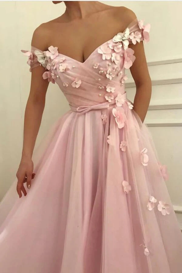 Off The Shoulder 3D Floral Long Prom Dress