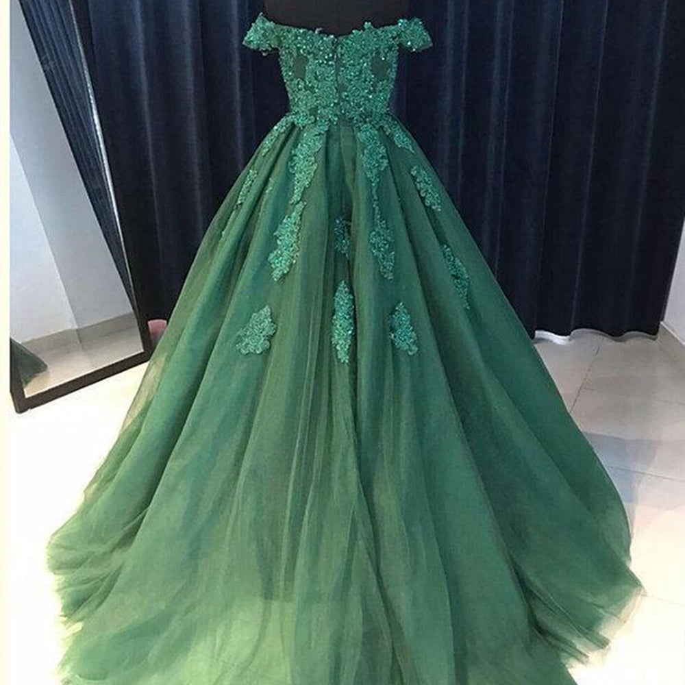 
                      
                        Off the Shoulder Beaded Emerald Green Lace Long Prom Dresses, Off Shoulder Green Lace Formal Evening Dresses, Green Ball Gown
                      
                    