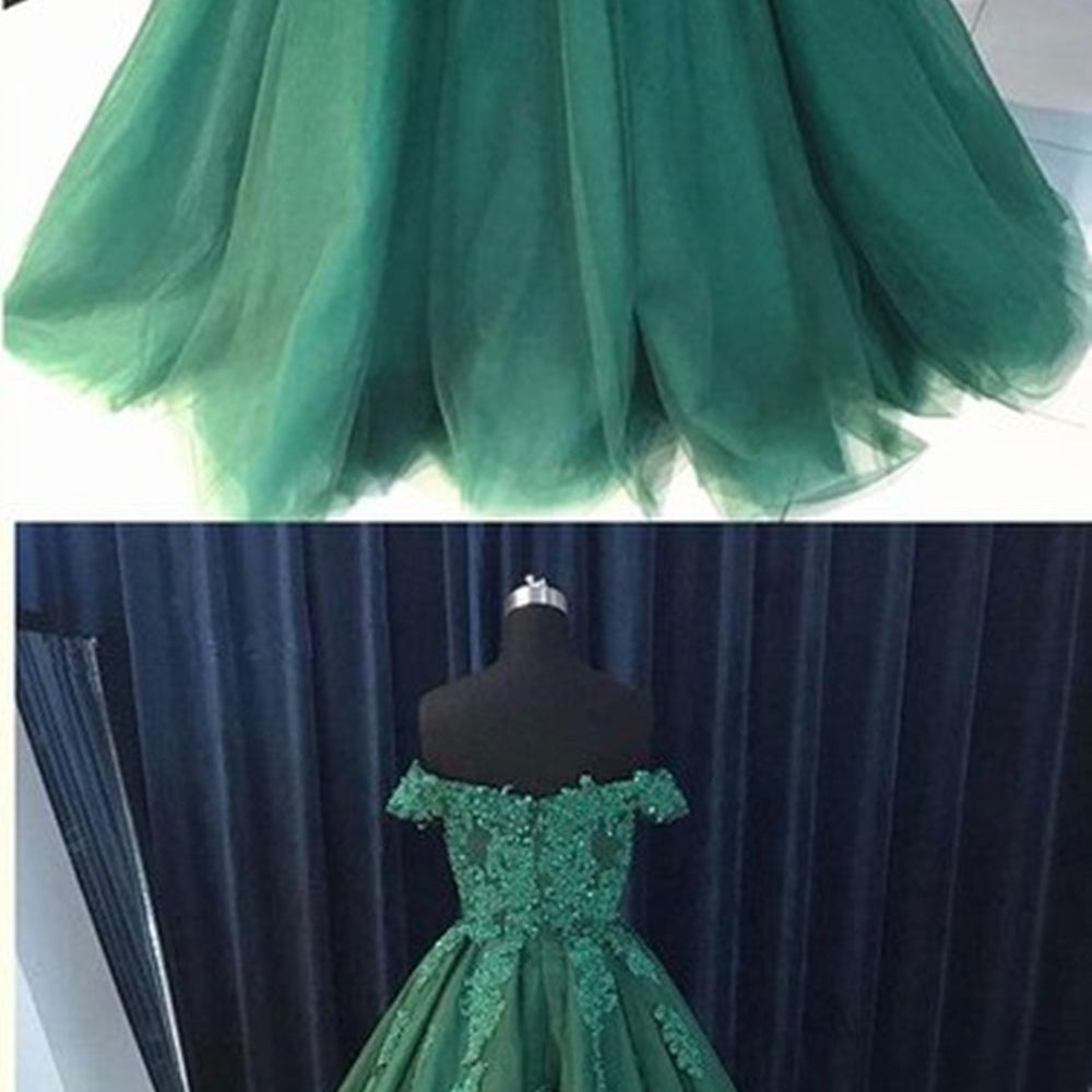 
                      
                        Off the Shoulder Beaded Emerald Green Lace Long Prom Dresses, Off Shoulder Green Lace Formal Evening Dresses, Green Ball Gown
                      
                    