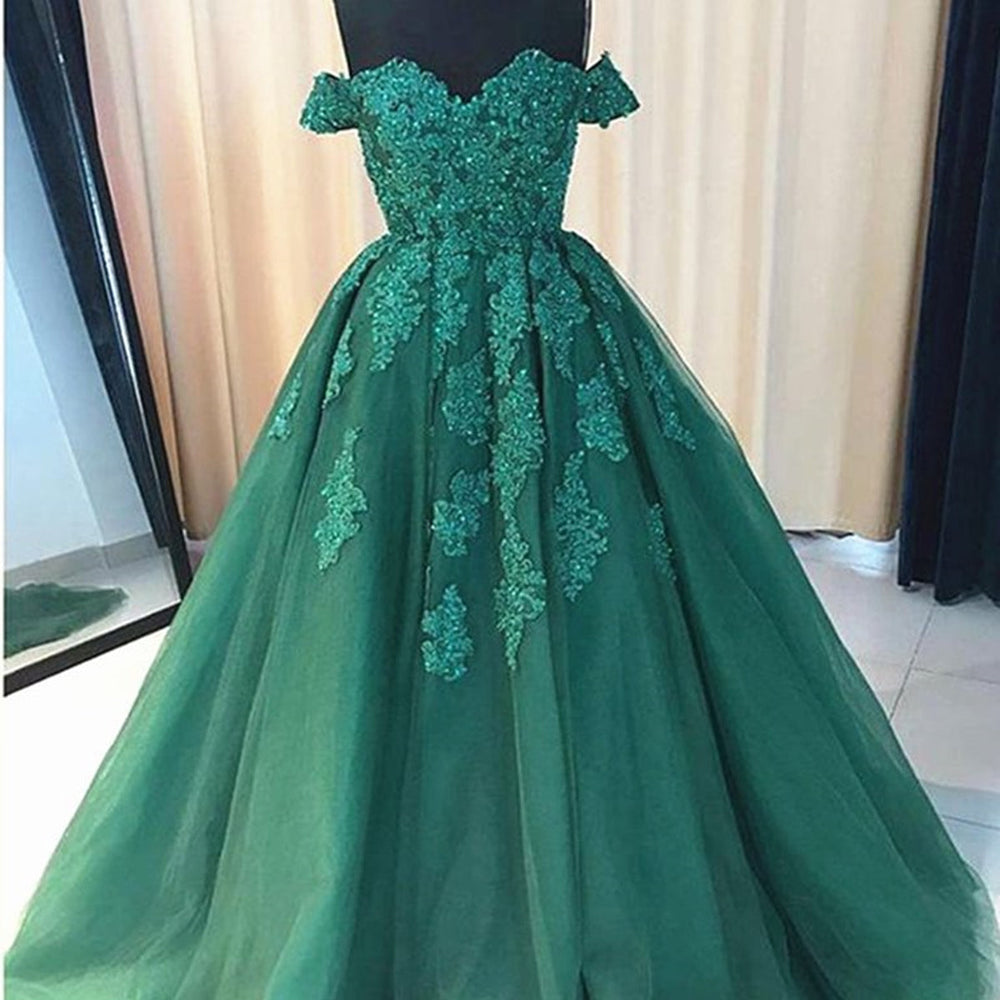 
                      
                        Off the Shoulder Beaded Emerald Green Lace Long Prom Dresses, Off Shoulder Green Lace Formal Evening Dresses, Green Ball Gown
                      
                    