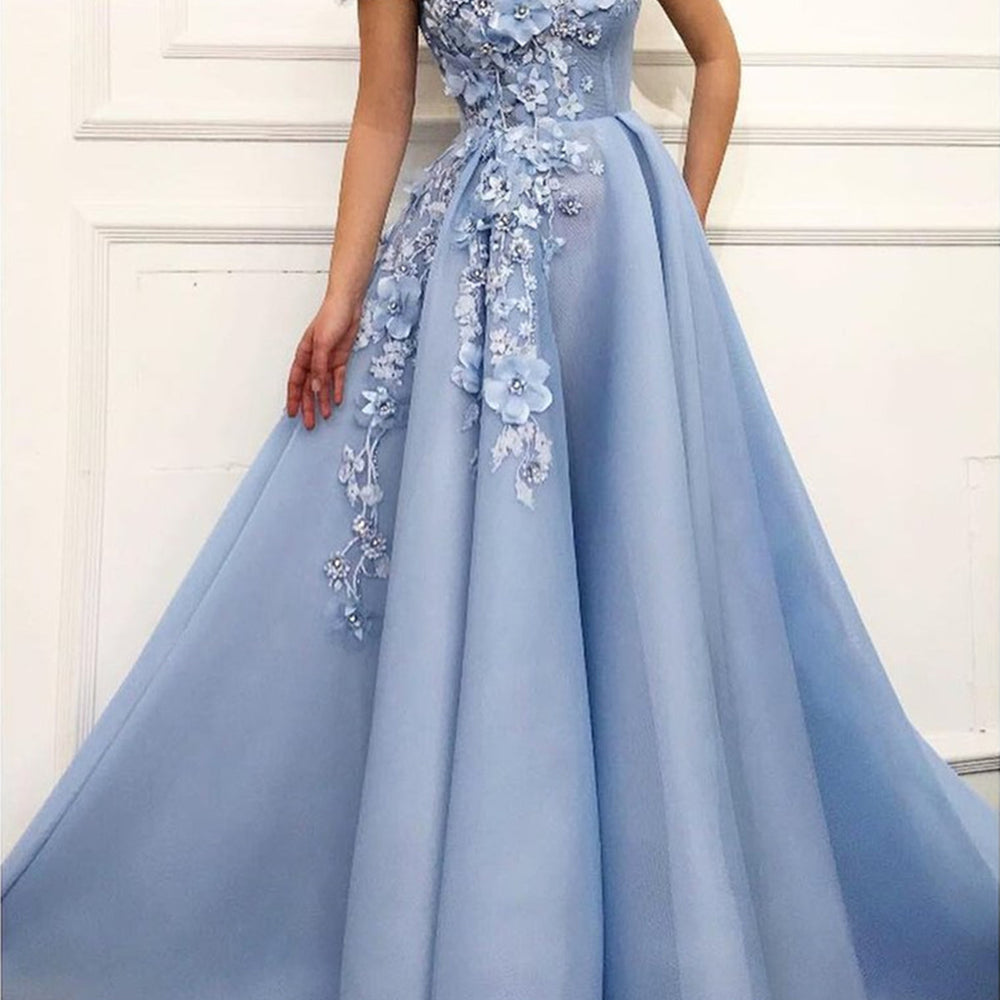 
                      
                        Off the Shoulder Blue Lace Floral Prom Dresses Long, Off Shoulder Blue 3D Flowers Long Formal Evening Dresses
                      
                    