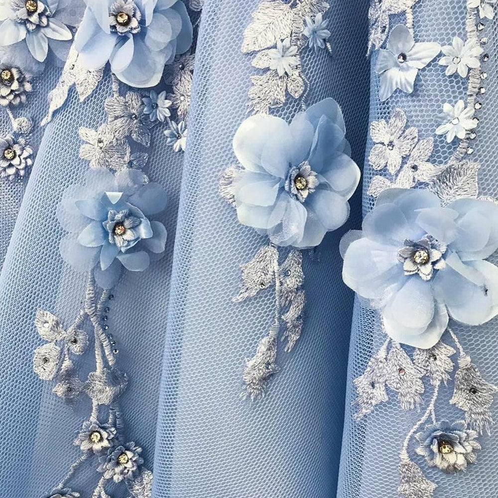 
                      
                        Off the Shoulder Blue Lace Floral Prom Dresses Long, Off Shoulder Blue 3D Flowers Long Formal Evening Dresses
                      
                    