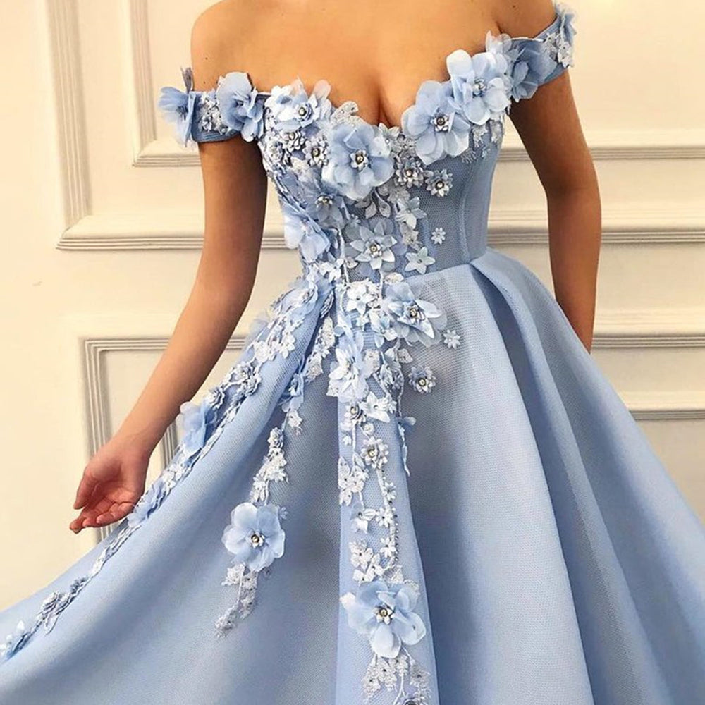 
                      
                        Off the Shoulder Blue Lace Floral Prom Dresses Long, Off Shoulder Blue 3D Flowers Long Formal Evening Dresses
                      
                    