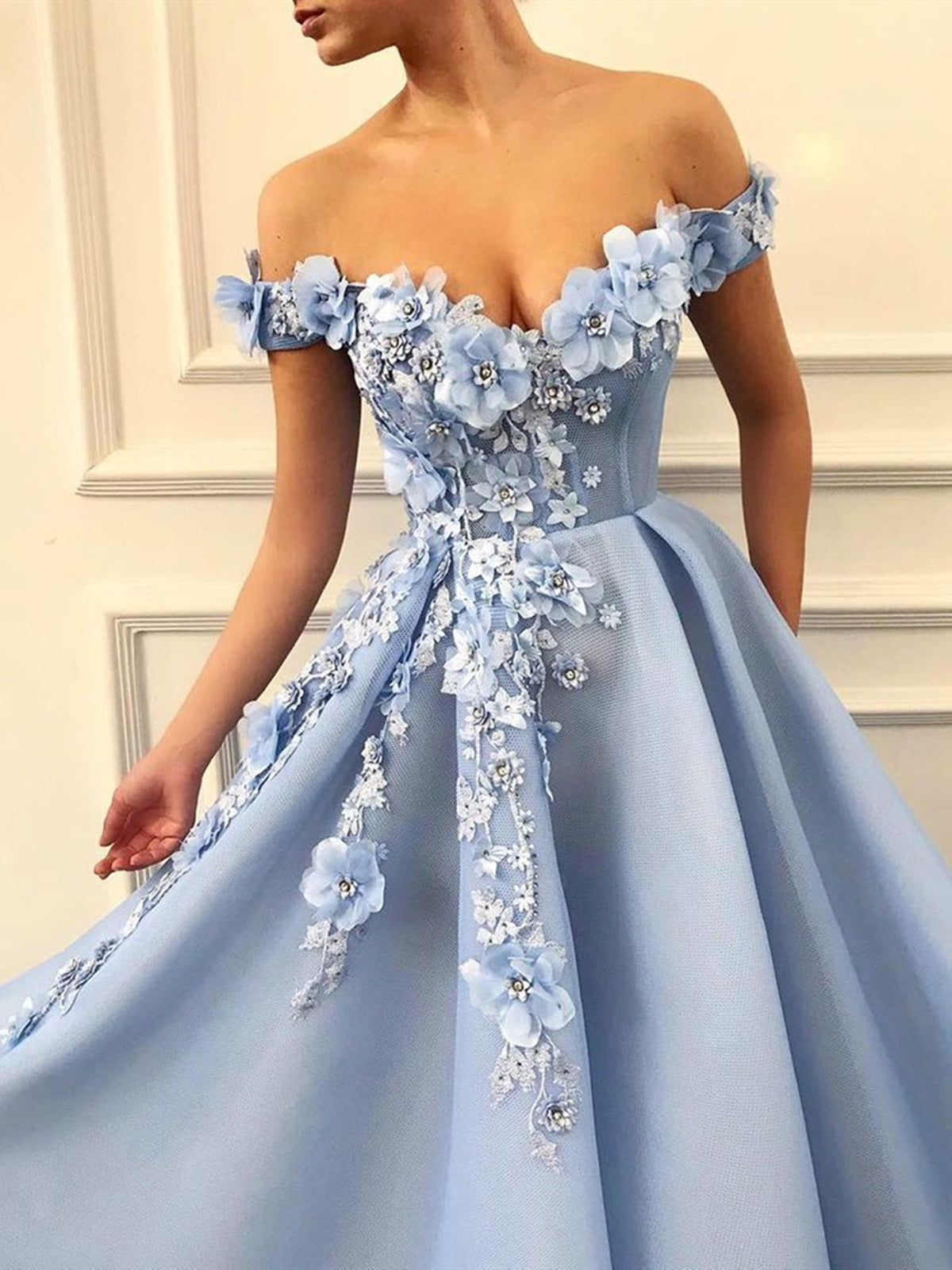 Off the Shoulder Blue Lace Floral Prom Dresses Long, Off Shoulder Blue 3D Flowers Long Formal Evening Dresses