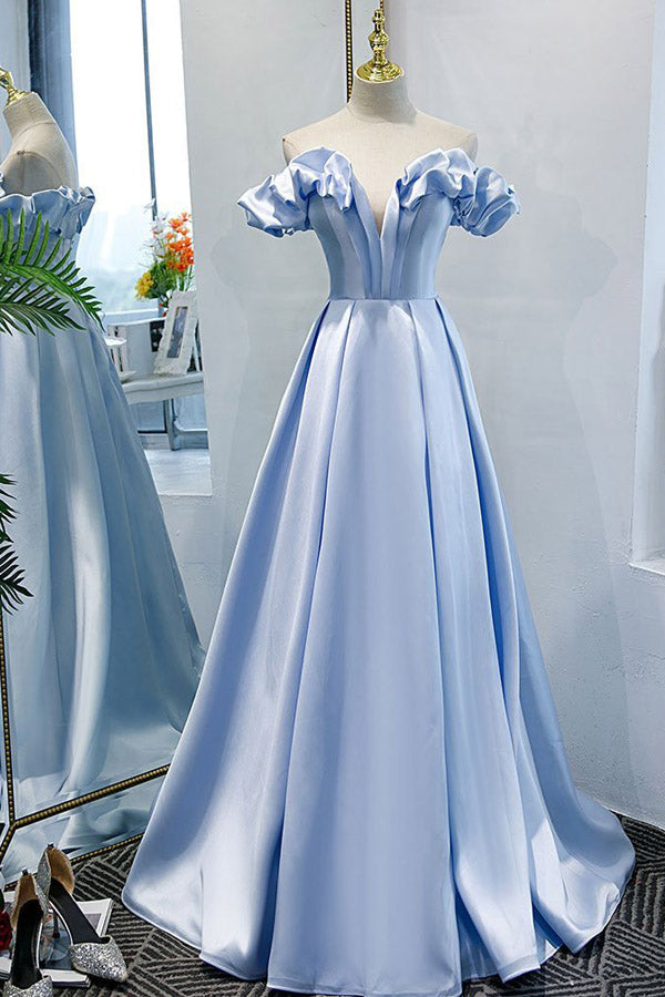 
                      
                        Off The Shoulder Blue Satin Prom Dress Evening Dress
                      
                    