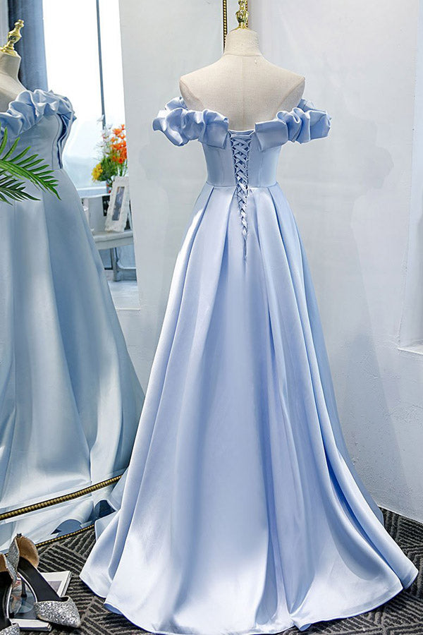 
                      
                        Off The Shoulder Blue Satin Prom Dress Evening Dress
                      
                    