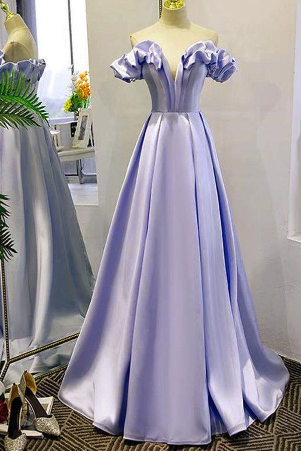 
                      
                        Off The Shoulder Blue Satin Prom Dress Evening Dress
                      
                    