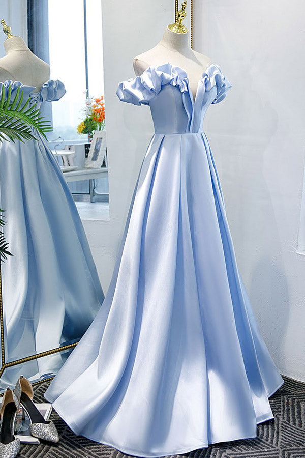 
                      
                        Off The Shoulder Blue Satin Prom Dress Evening Dress
                      
                    