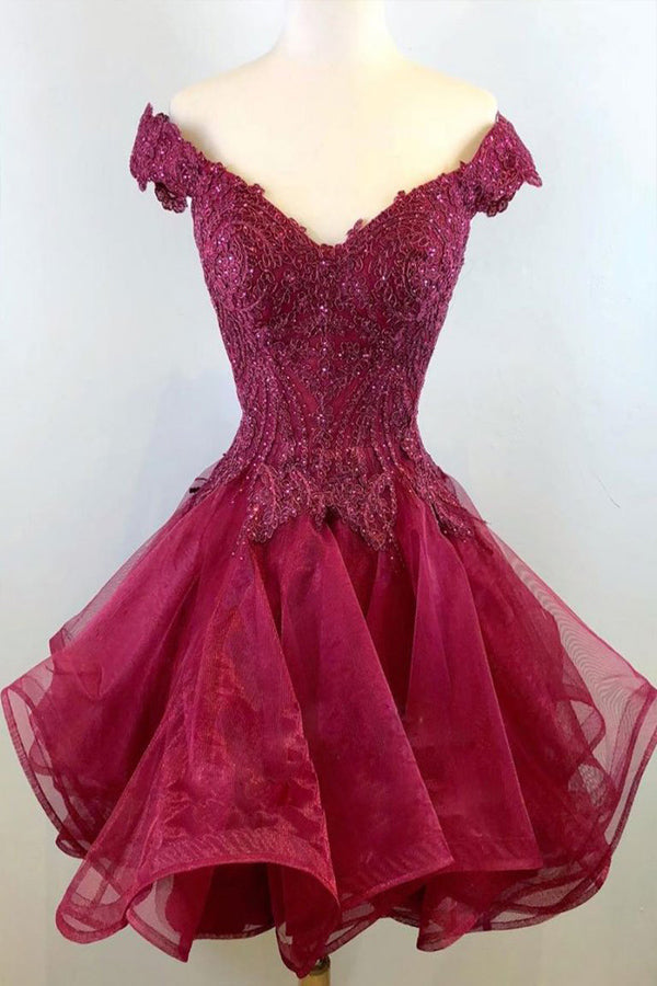 Off The Shoulder Burgundy Lace Short Homecoming Dress