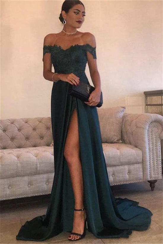 Off-the-Shoulder Dark Green Lace Prom Dress