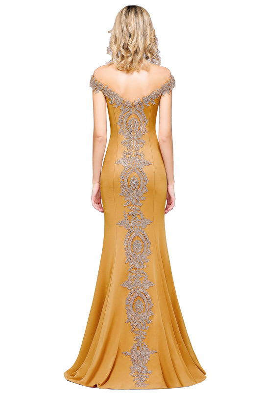 
                      
                        Off-the-Shoulder Formal Gown Gold Lace Applique Floor Length Mermaid Evneing Dress - Prom Dresses
                      
                    