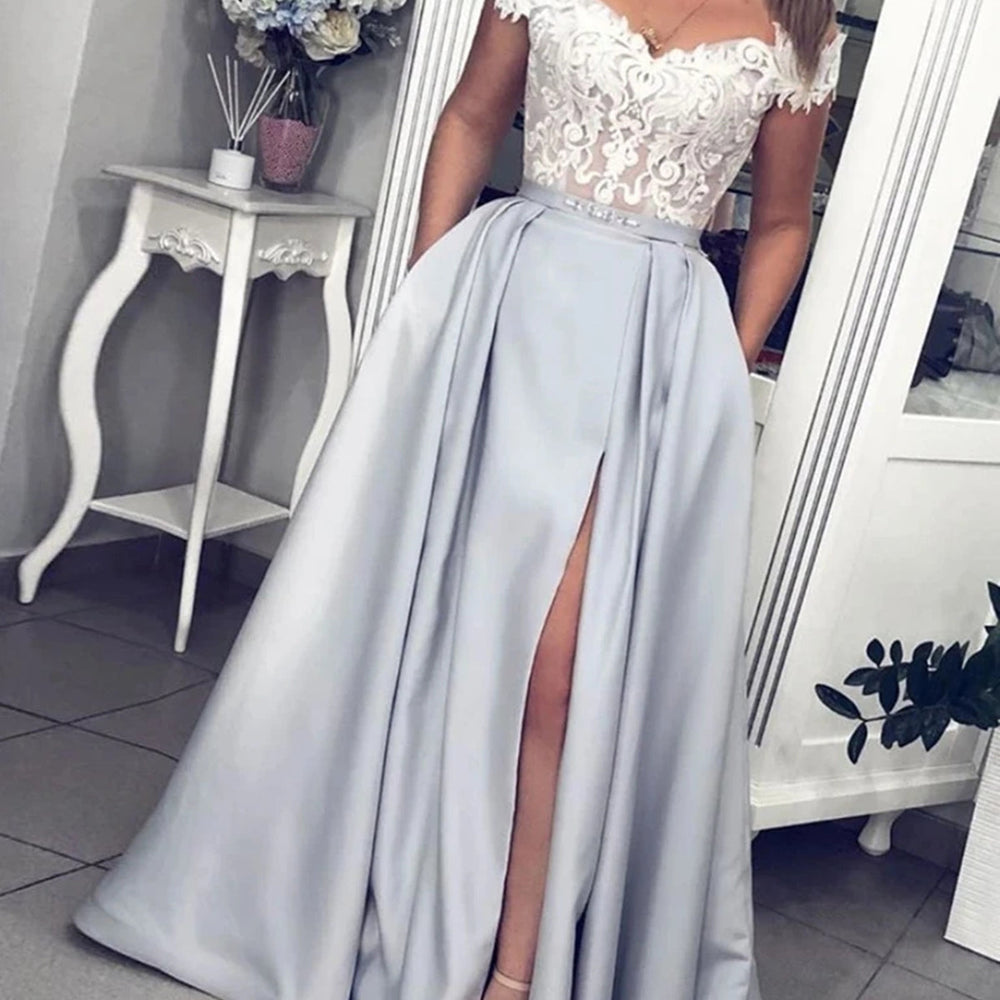 Off the Shoulder Gray Lace Long Prom Dresses, Gray Off Shoulder Lace Formal Evening Dresses