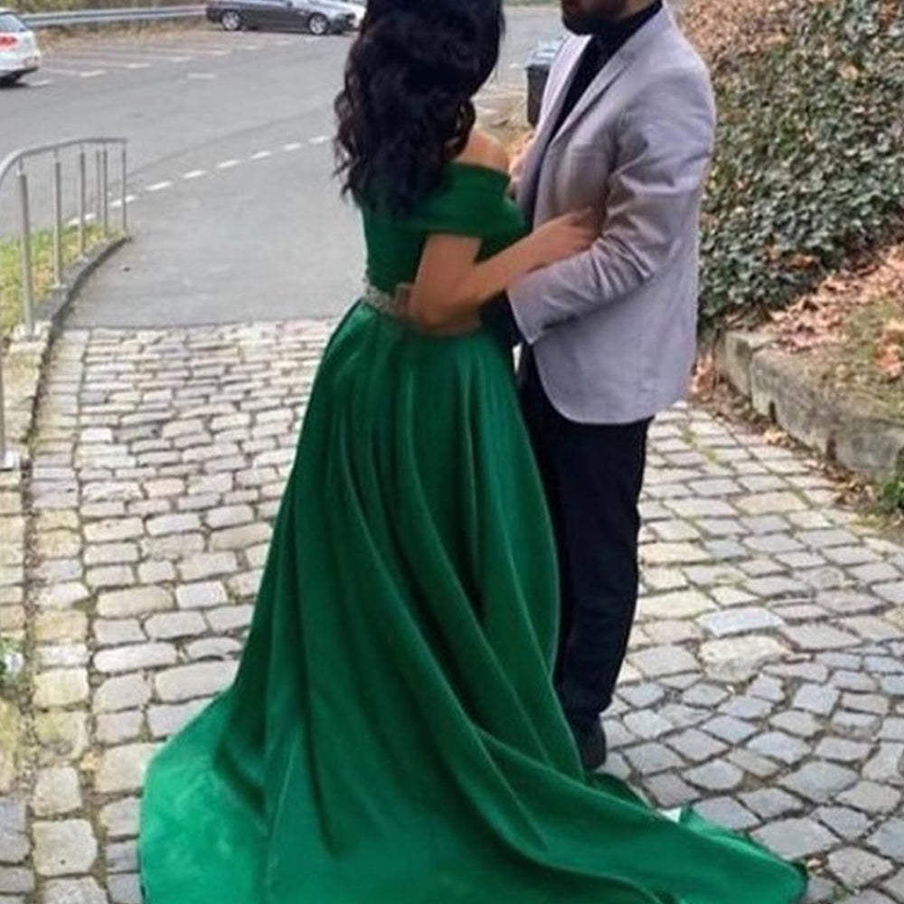 
                      
                        Off the Shoulder Green Satin Long Prom Dresses with Belt, Off Shoulder Green Formal Graduation Evening Dresses 
                      
                    