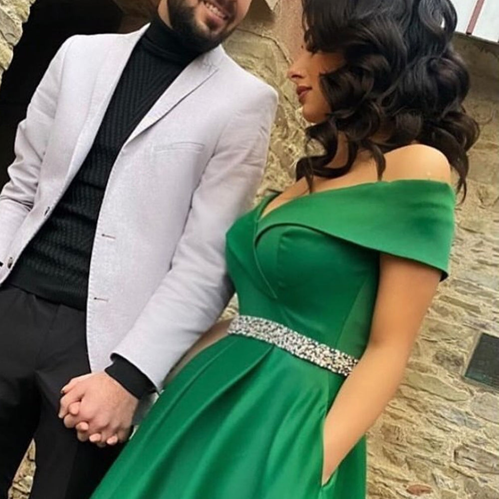 Off the Shoulder Green Satin Long Prom Dresses with Belt, Off Shoulder Green Formal Graduation Evening Dresses 